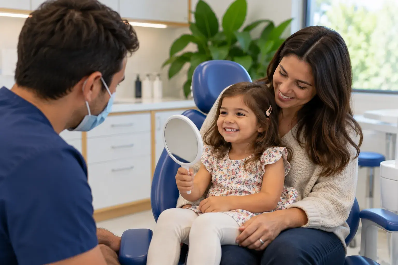 A young child sitting in the dental chair with a parent