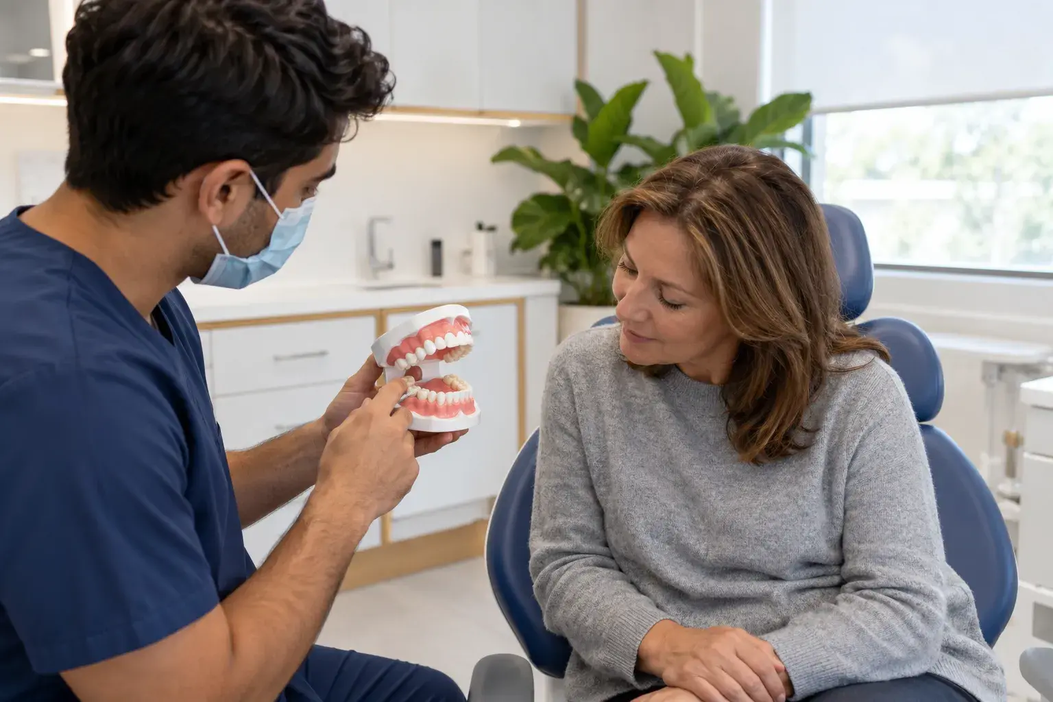 A dentist explaining a treatment to a patient using a model of teeth
