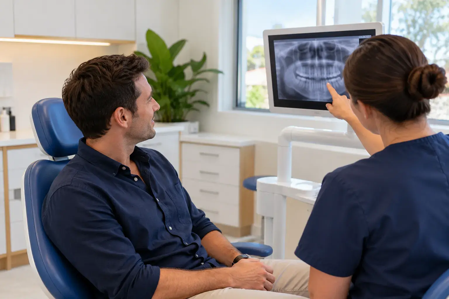 A patient looking at a dental x-ray on a screen beside the dental chair